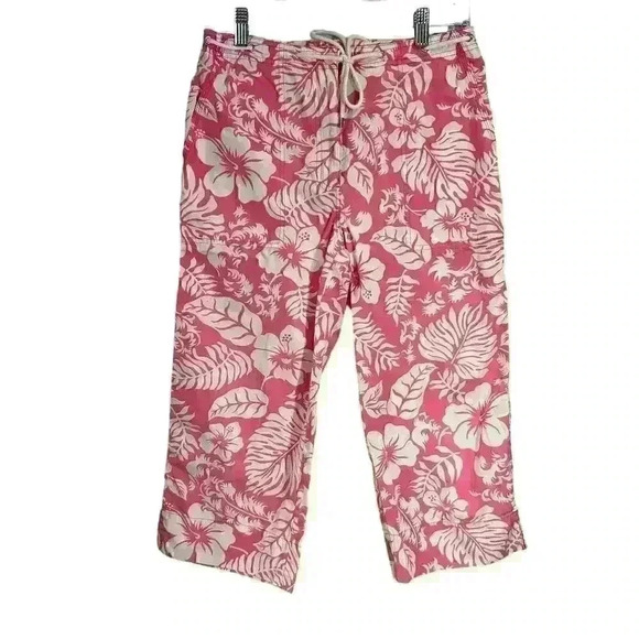 Lauren Ralph Lauren‎ Pink Hibiscus Capri Crop Pants Drawstring Tropical Size 8 - Picture 1 of 9